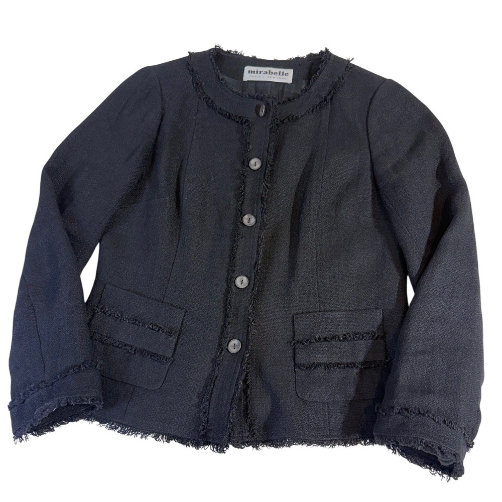 Black Crepe Jacket M Fringe Trim Button Front Collarless Mirabelle